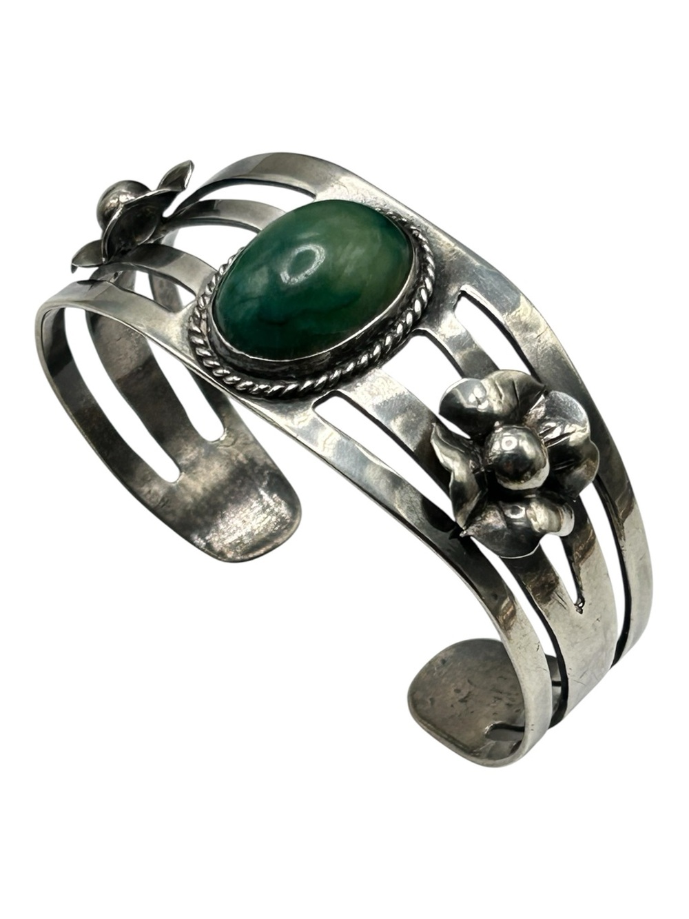 Vintage Mexico Silver Green Jasper Wide Cuff Bracelet